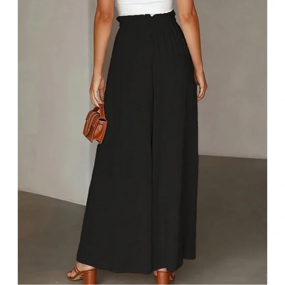 Classic Black Paper bag High Waisted Pockets Wide leg pants